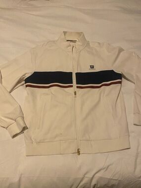 Wilson Cream Zip-Up Track Jacket with Navy and Burgundy Stripes